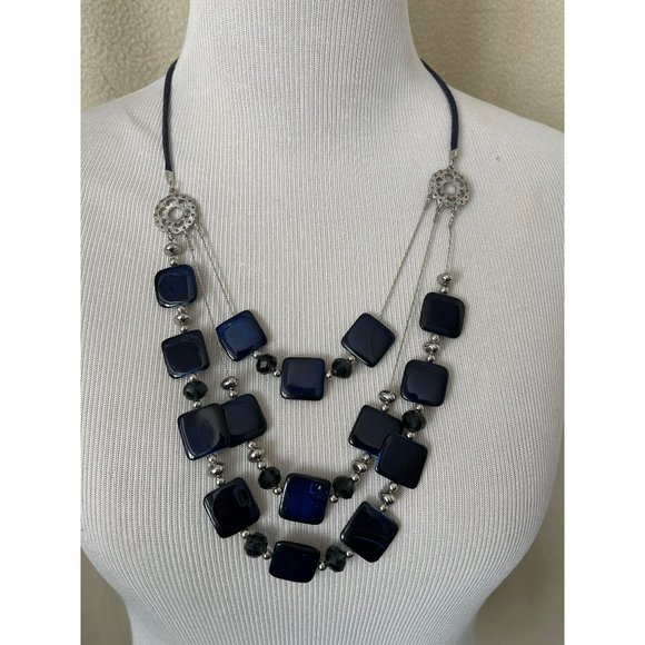 Navy Blue Square & Round Beaded 3-Tier Necklace - Picture 1 of 10